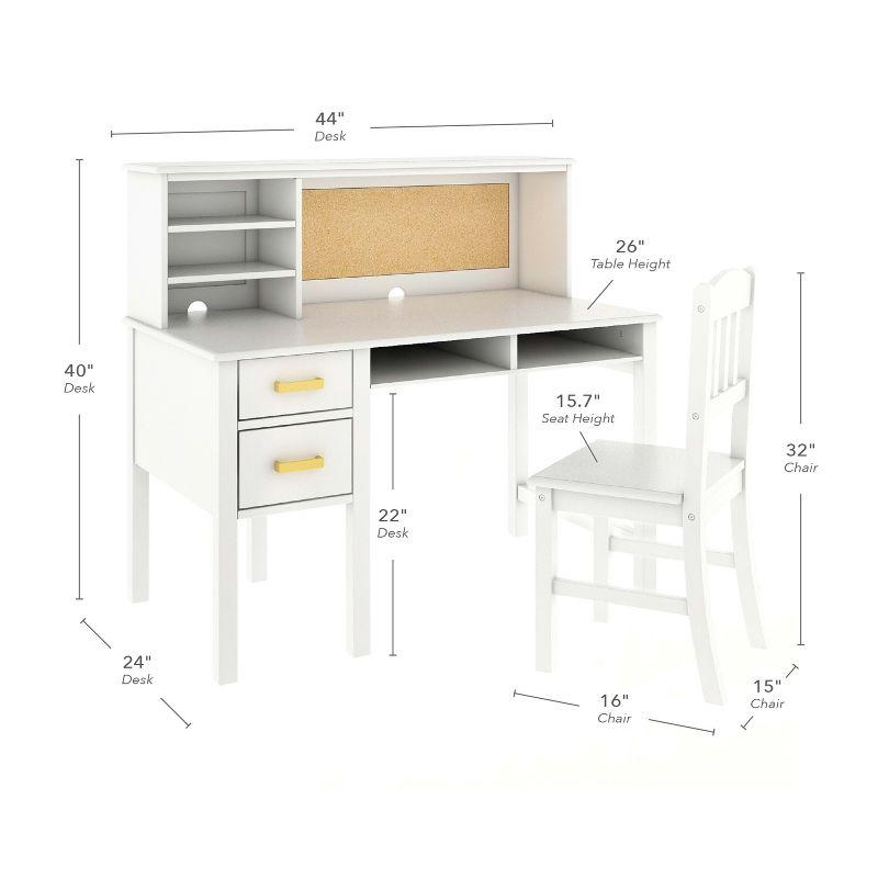 Guidecraft Taiga Kids Desk and Chair Set with Hutch - White: Kids Wood Desk with Drawers, Storage Shelf, and Corkboard | Study Table for Kids Bedroom