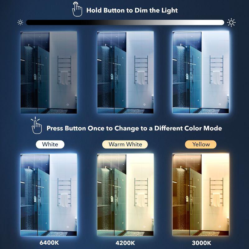 Nora 38" x 26" Rectangular Frameless Anti-Fog Aluminum Back-lit Tri-color LED Bathroom Vanity Mirror with Smart Touch Control - JONATHAN Y