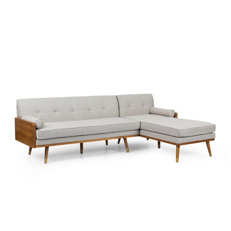 Beige Tufted Fabric Mid-Century Modern Sectional Sofa with Dark Walnut Frame