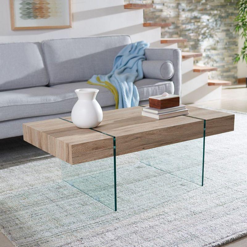 Ethereal Style Natural Finish Rectangular Coffee Table with Glass Legs