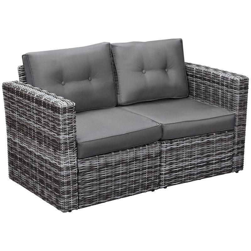 Outsunny 2 Piece Patio Wicker Corner Sofa Set, Outdoor PE Rattan Furniture, with Curved Armrests and Padded Cushions for Balcony, Gray