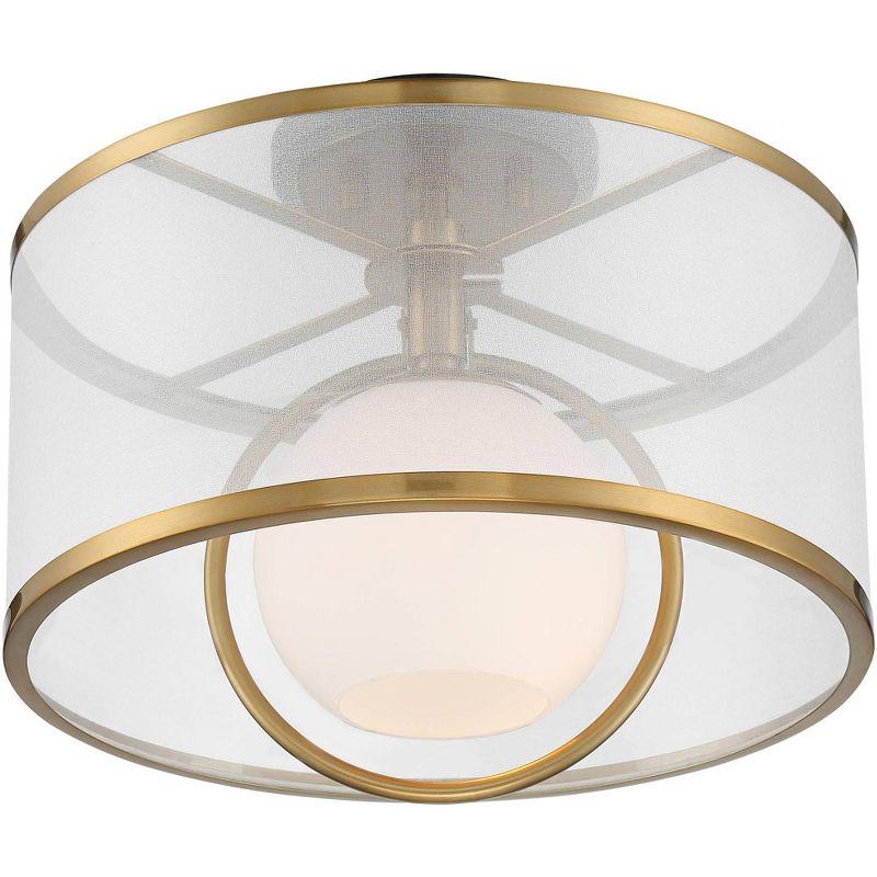 Possini Euro Design Carlyn Modern Art Deco Ceiling Light Semi Flush Mount Fixture 14" Wide Warm Brass Black Orb Organza Drum Shade for Bedroom Kitchen