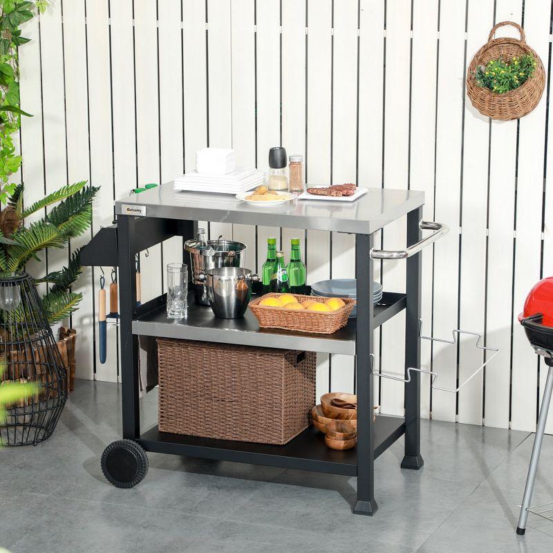 Outsunny Black and Stainless Steel Outdoor Grill Cart with Shelves