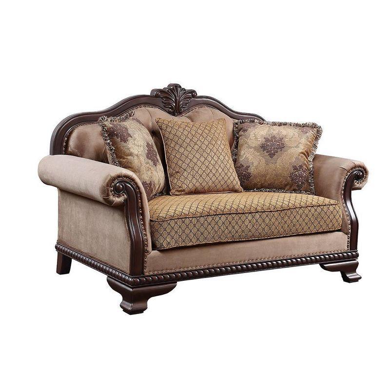 69" Chateau De Ville Fabric Sofa Espresso Finish - Acme Furniture: Carved Wood, Tufted Cushions, Includes 3 Pillows