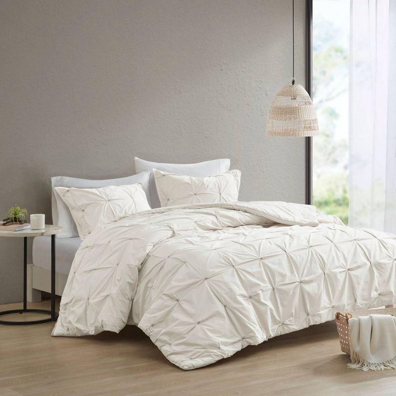 White Full/Queen Cotton Pintuck Duvet Cover Set