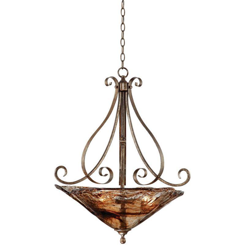 Franklin Iron Works Amber Scroll Golden Bronze Pendant Chandelier 24 3/4" Wide Rustic Art Glass Bowl 3-Light Fixture for Dining Room Kitchen Island