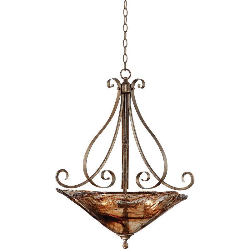 Elegant Amber Scroll 24.75" Golden Bronze Art Glass Pendant Chandelier