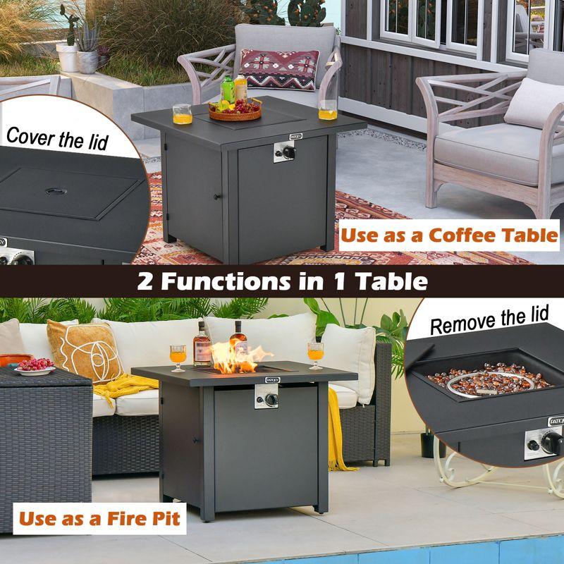 Tangkula 32 Inch Patio Propane Gas Fire Table 50,000 BTU Square Fire Pit Table w/ Clear Glass Rocks & PVC Protective Cover