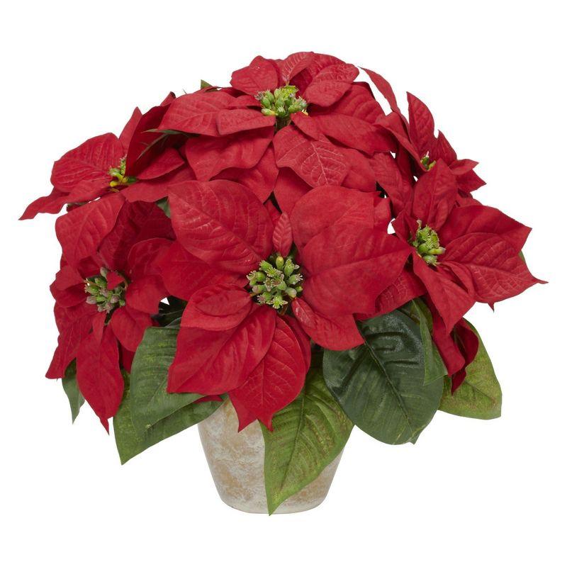 Nearly Natural Poinsettia with Ceramic Vase Artificial Flower Arrangement