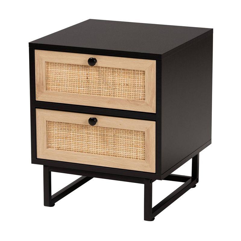 Declan Wood and Natural Rattan 2 Drawer End Table Espresso Brown/Black - Baxton Studio