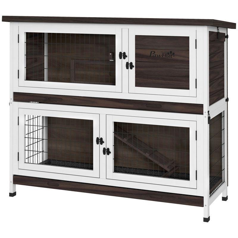 PawHut Rabbit Hutch, Outdoor 2-Tier Wooden Guinea Pig Cage with Removable Trays, Ramp, Asphalt Roof for 1-2 Rabbits, No Screws Installation, Brown