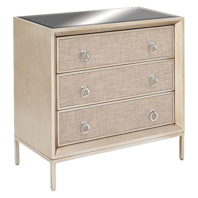 Imboden Wooden Upholstered Front Panel 3 Drawer Room Chest with Mirrored Top and Ring Handles