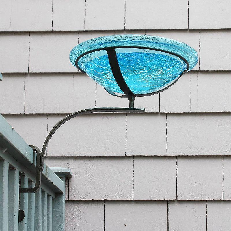 13.7" Diameter Reflective Crackle Glass Birdbath Bowl with Rail Mount Bracket Teal Blue - Achla Designs: Weather-Resistant, No Drill Installation