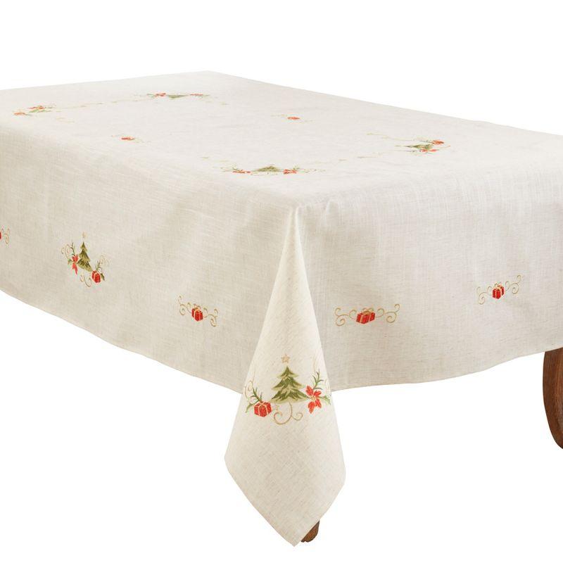 Saro Lifestyle Embroidered Christmas Tree Design Holiday Linen Blend Tablecloth, 67"x180", Beige