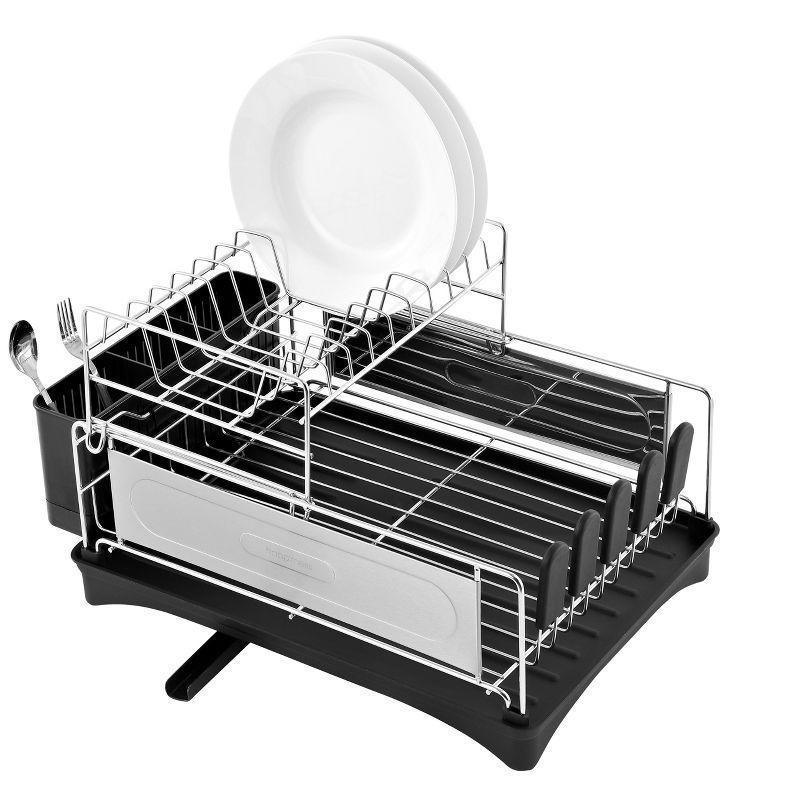 happimess Compact 18.25" 2-Tier Fingerprint-Proof Stainless Steel Dish Drying Rack with Swivel Spout Tray, Stainless Steel/Black