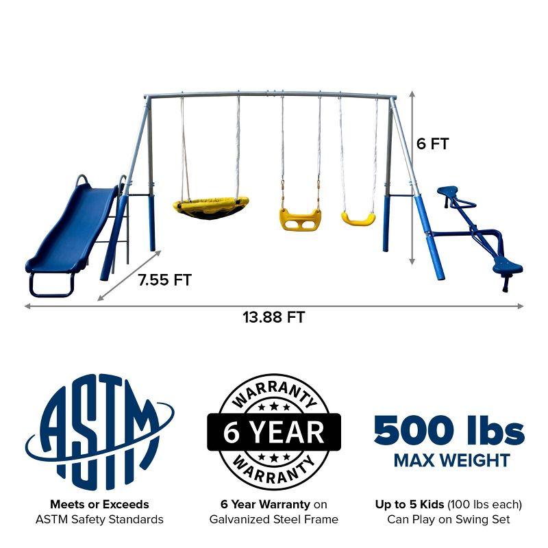 Sportspower Sportspower Taylor Galvanized Metal Swing Set With Blow Molded Swing, Standing Swing, 2 Person Teeter Totter, 32" Saucer Swing, And 5' Slide, Bonus 4pc Anchor Kit Included