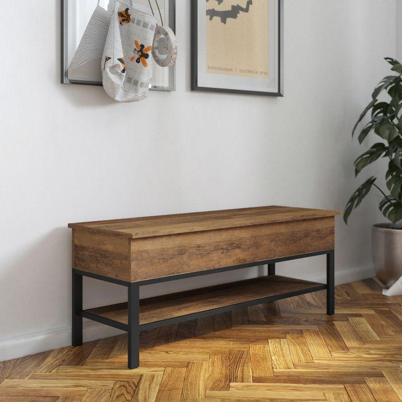 Rustic Oak Farmhouse Storage Bench with Metal Legs