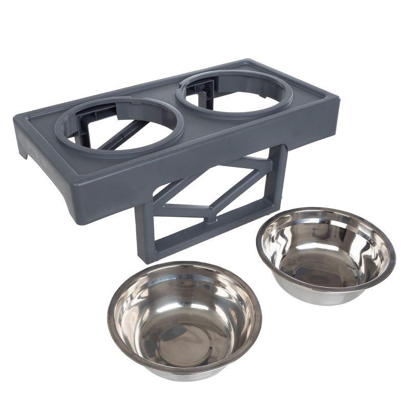 Elevated Dog Bowls Stand - Adjusts to 3 Heights for Small, Medium, and Large Pets - Stainless-Steel Dog Bowls Hold 34oz Each by PETMAKER (Gray)