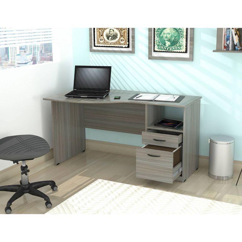 Curved Top Desk Smoke Oak - Inval: MDF Composite Office Table with File Drawer & Open Storage Shelf