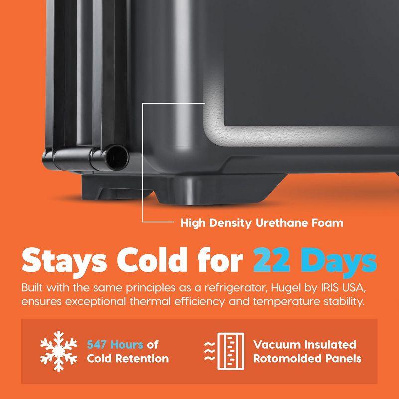 IRIS USA HUGEL 64 QT Cooler Box Insulated, Hard Cooler, Vacuum-Insulated Panels Durable Portable Ice Chest with Built-in Handle and Wheels, Black