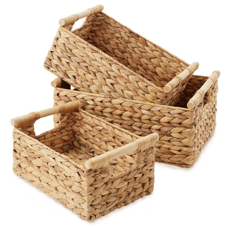 Set of 3 Natural Water Hyacinth Rectangular Storage Baskets with Wooden Handles