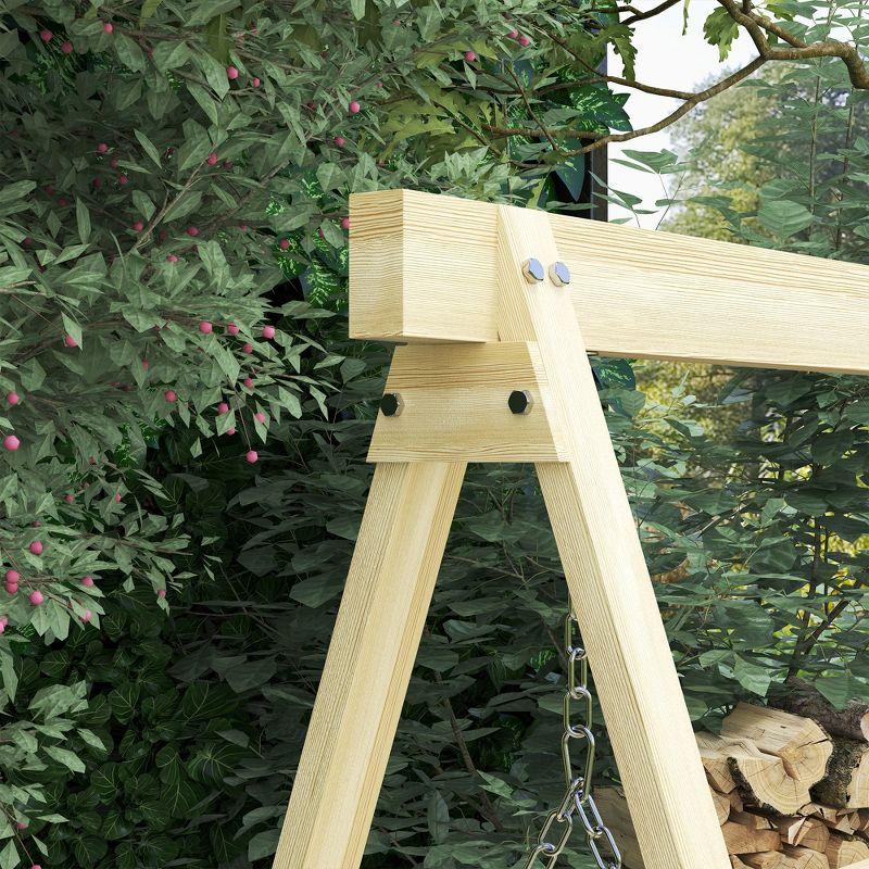 Outsunny 3 Seat Wooden Porch Swing with Stand, Patio Swing Chair with Side Tables, Natural Wood