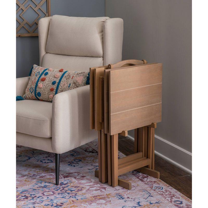 Linon 4pc Traditional Acacia Finish TV Tray Table Set with Storage Rack Gray
