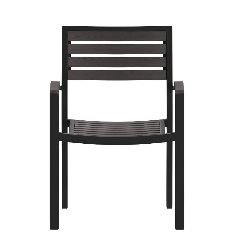 Merrick Lane Set of 2 Outdoor Stackable Faux Teak Side Chairs - Commercial Grade Black Aluminum Patio Chair with Gray Wash Synthetic Teak Slats