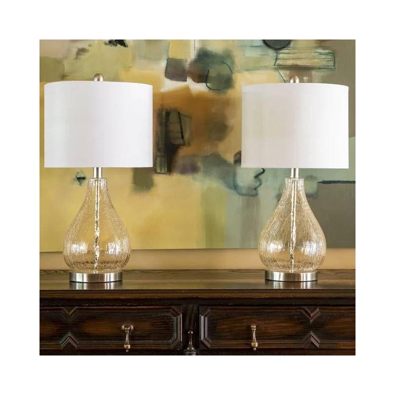 Set of 2 Clear Crackled Glass Teardrop Table Lamps with White Linen Shades