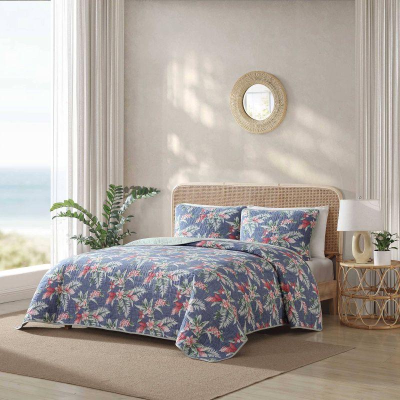 Eddie Bauer Tommy Bahama Floral Enchantment Cotton Reversible Blue Quilt Set
