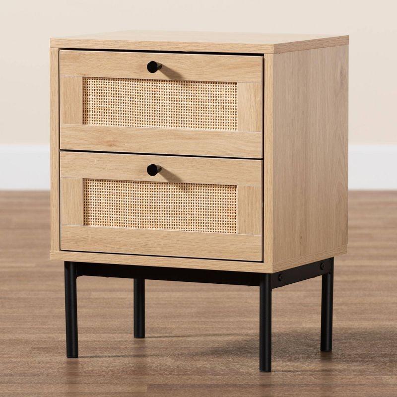 Baxton Studio Sherwin 2 Drawer End Table with Woven Rattan Accent Light Brown/Black: Mid-Century Storage, Metal Base