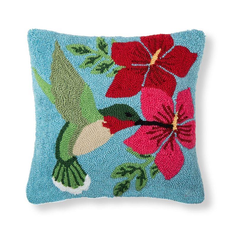 16" Blue and Red Floral Hummingbird Hooked Pillow