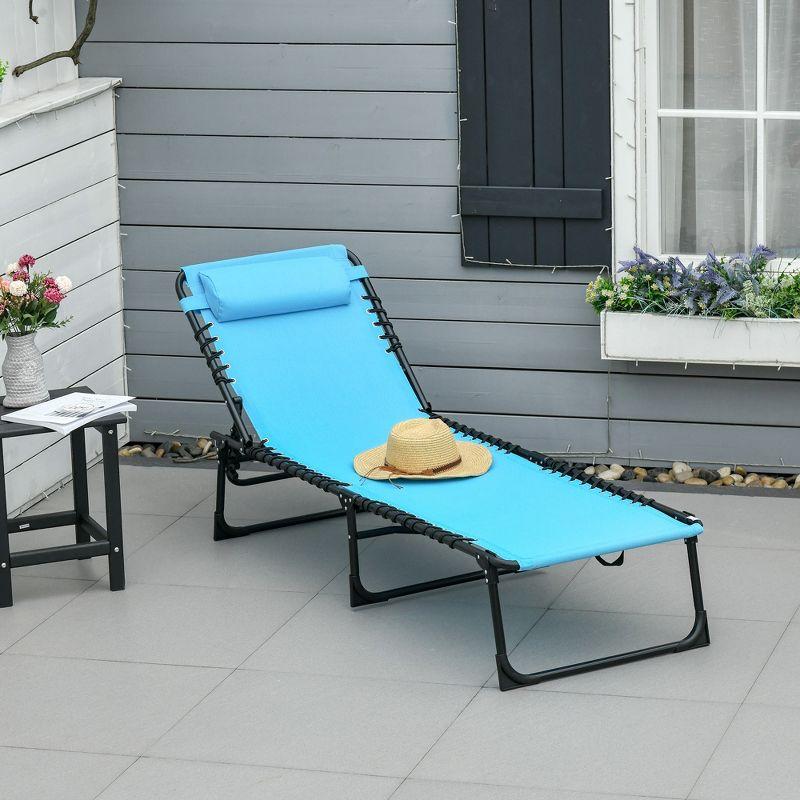 Folding Chaise Lounge Pool Chair with 4-Position Reclining Back, Pillow, Breathable Mesh & Bungee Seat, Blue