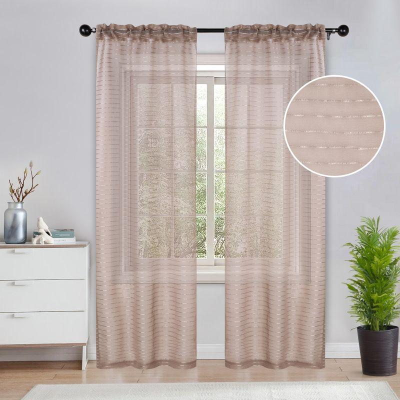 Taupe Sheer Striped Rod Pocket Curtains, Set of 2, 26" x 84"