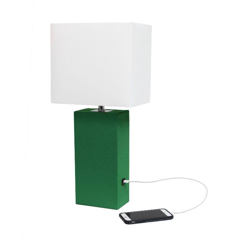 21" Lexington Leather Base Modern Home Decor Bedside Table Lamp with USB Charging Port and Fabric Shade Green/White - Lalia Home: No Assembly