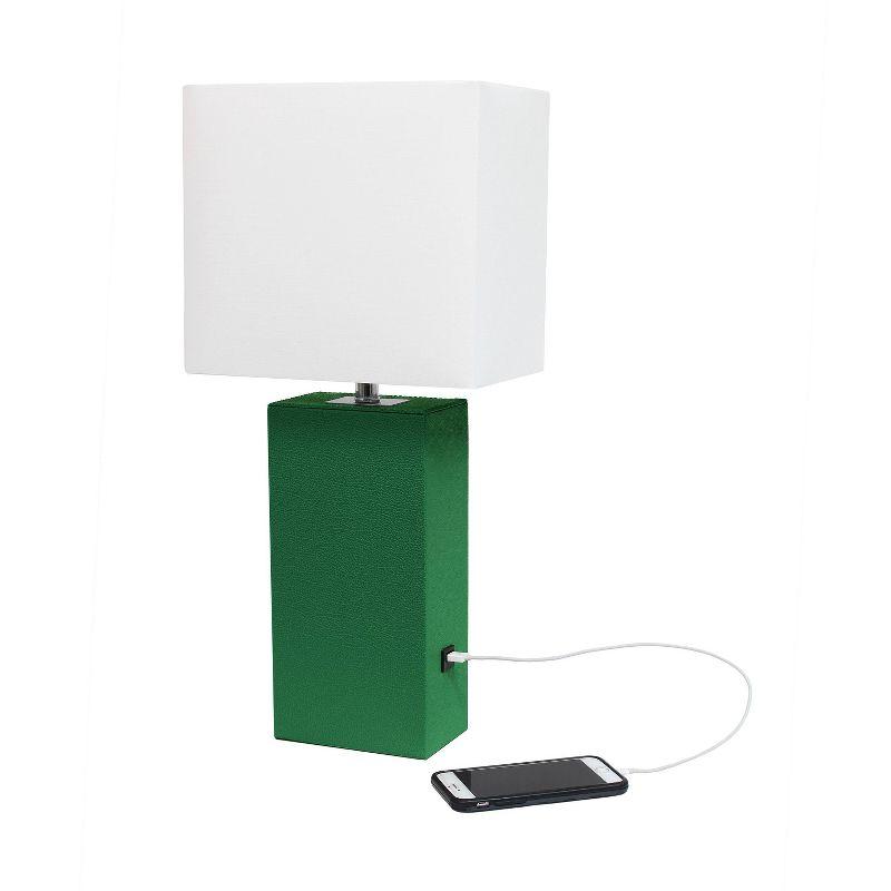 21" Lexington Leather Base Modern Home Decor Bedside Table Lamp with USB Charging Port and Fabric Shade - Lalia Home