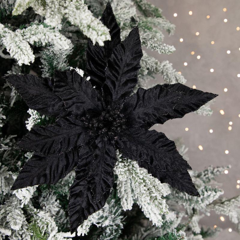 26" Black Glittered Poinsettia Holiday Stem with Wire