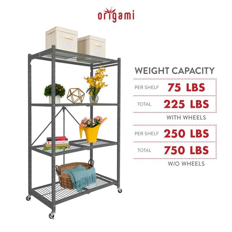 Origami General Purpose Foldable Shelf Storage Rack with Wheels for Home, Garage, or Office, Pewter