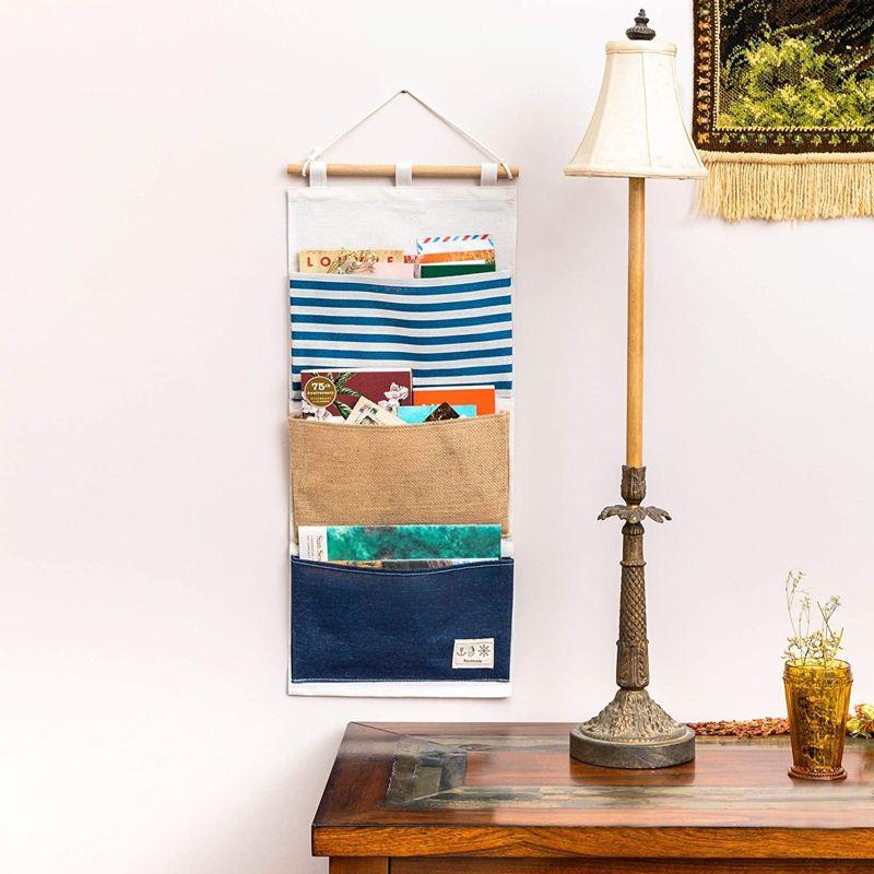 Blue and Beige Cotton Hanging Organizer with Wooden Rod, 2-Pack