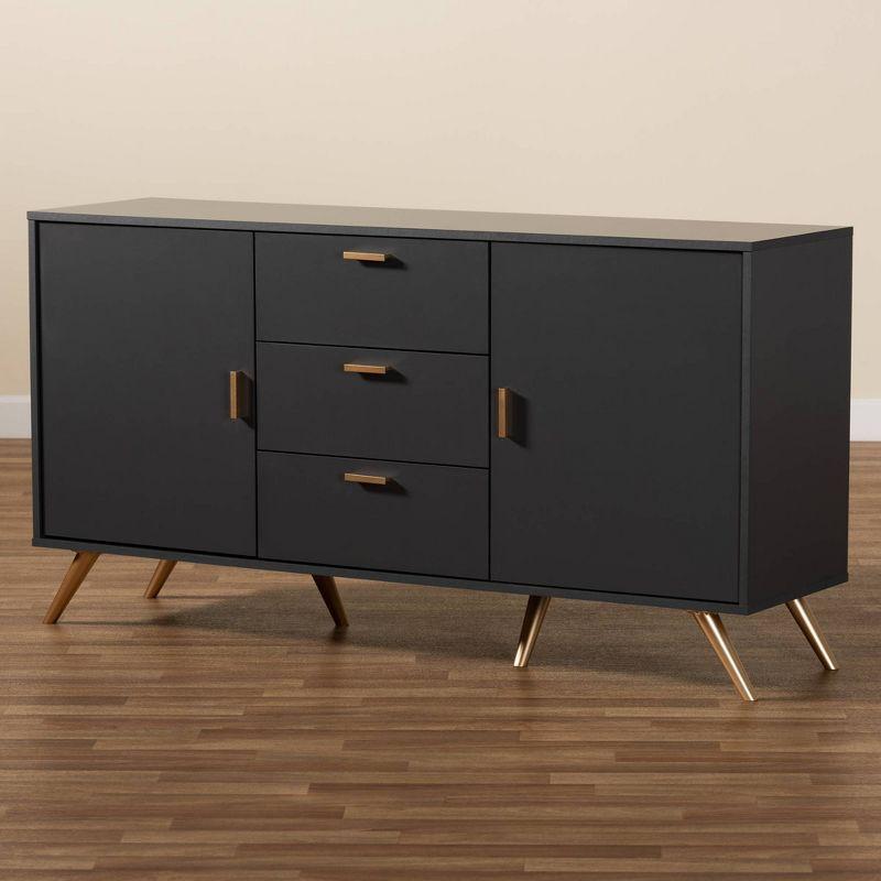 Baxton Studio Kelson Wood 2 Door Sideboard Buffet Dark Gray/Gold: Mid-Century Modern Storage Console with 3 Drawers