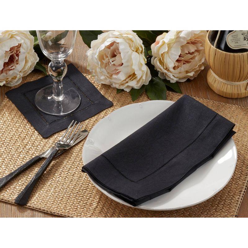 Black Hemstitched Cotton Linen Cocktail Napkins Set of 12