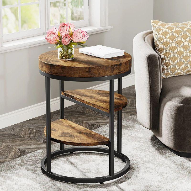 Hommoo Round End Table, Small Side Table with 3-Tier Shelves