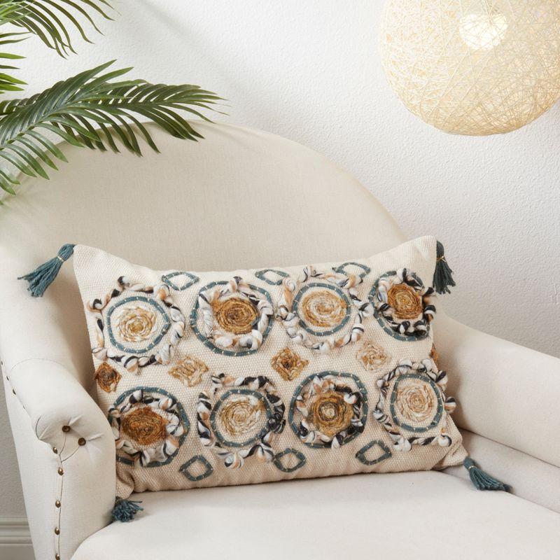 Clay Embroidered Cotton and Polyester Pillow Cover with Tassels