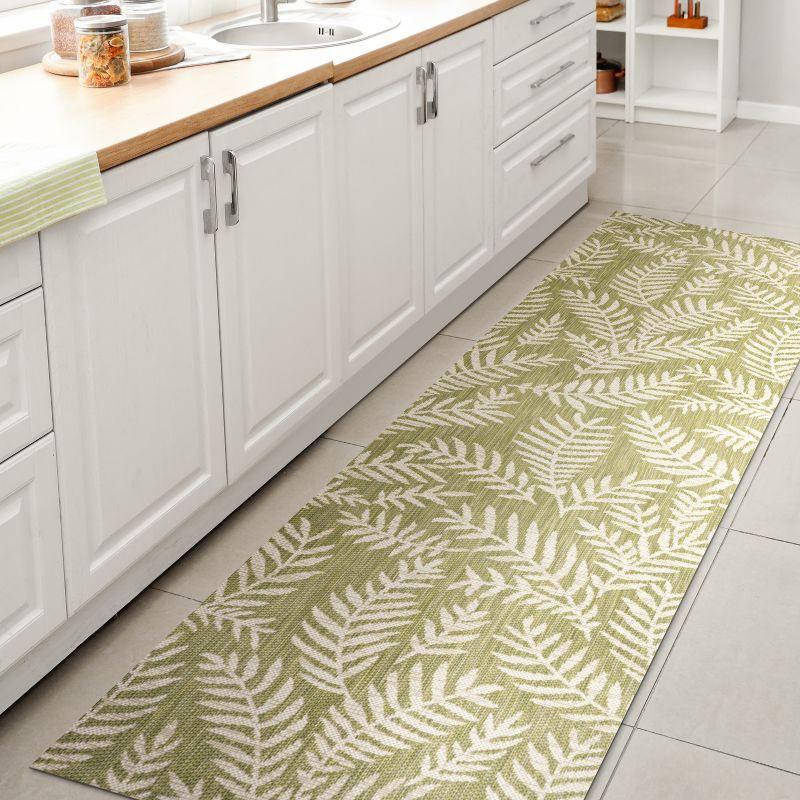 2' x 10' Nevis Palm Frond Indoor/Outdoor Runner Rug, Green/Cream - JONATHAN Y