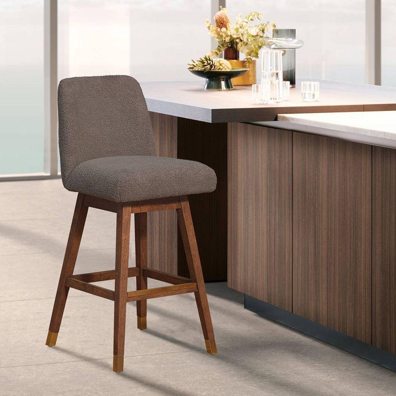 Brown Oak Wood Swivel Counter Stool with Taupe Boucle Fabric