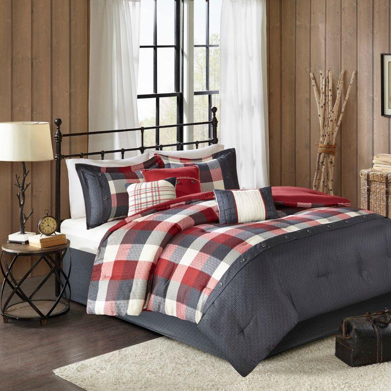 Queen Red and Gray Herringbone Plaid Comforter Set