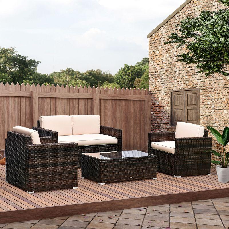 Outsunny 4-Piece Rattan Wicker Furniture Set, Outdoor Cushioned Conversation Furniture with 2 Chairs, Loveseat, and Glass Coffee Table