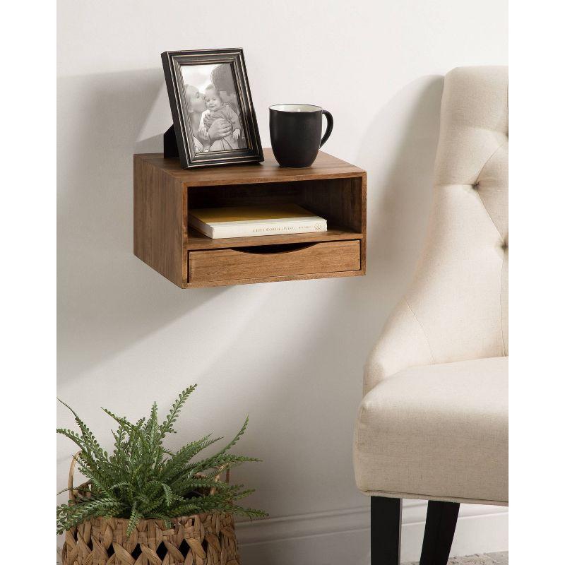 Rustic Brown Poplar Wood Floating Wall Shelf with Drawer