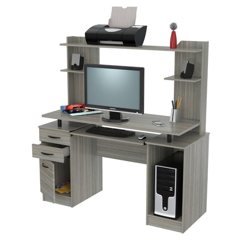 Computer Workcentre With Hutch Smoke Oak - Inval: Modern Laminate Writing Desk, MDF Frame, Open Shelf Storage