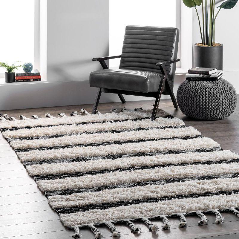 Ivory Striped Tufted Wool Shag Area Rug 5' x 8'